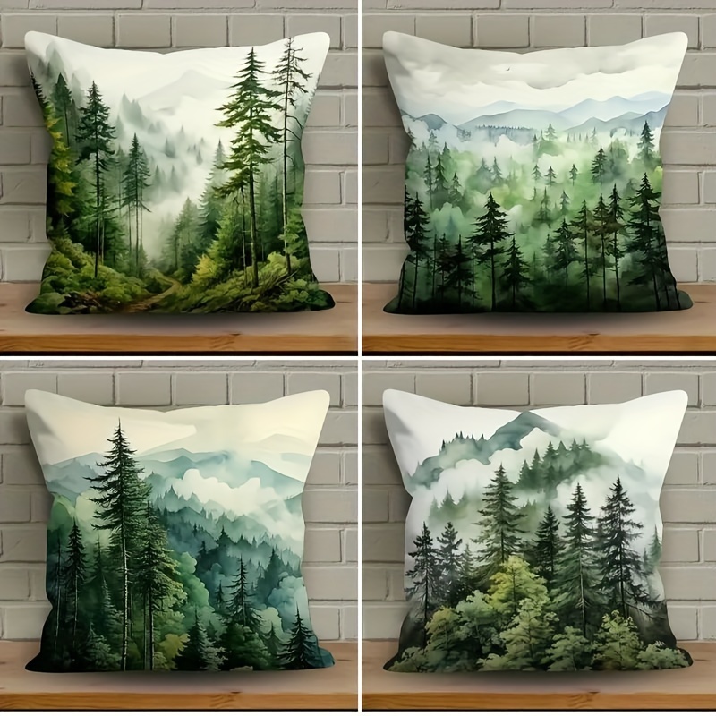 

4pcs Winter Pillow Covers Set - Woodland Theme With Vibrant Colors, Living Room, Bedroom & Sofa Decor, Zip Closure, Machine Washable, Polyester - Inserts Not Included