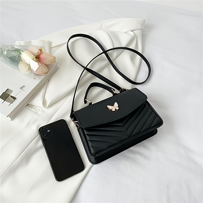 Bolsa de cruzado de mujer elegante con detalle de mariposa – Color sólido de cuero sintético de imitación, cierre magnético, diseño acolchado en negro, rosa brillante, caqui, blanco, verde, azul, accesorios de bolso