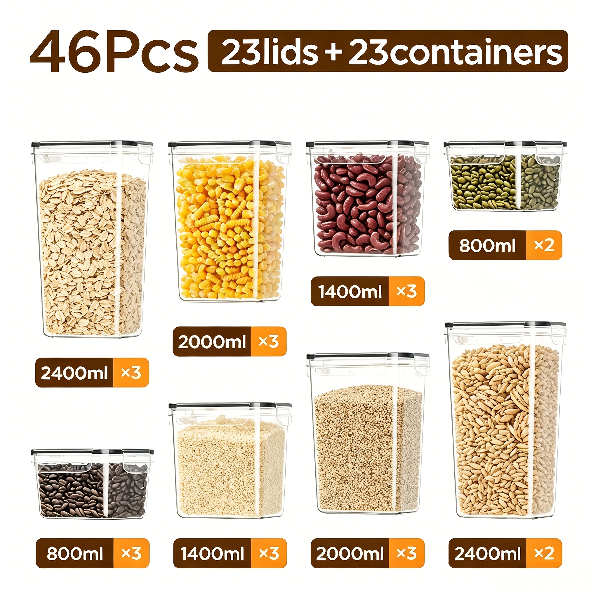 72/46pcs Large Sealed Food Storage Containers With Lids, Plastic Grain Storage Containers, For Organizing And Storing Sugar, Flour, And Baking Supplies In Kitchens And Pantries, With Labels And Marks