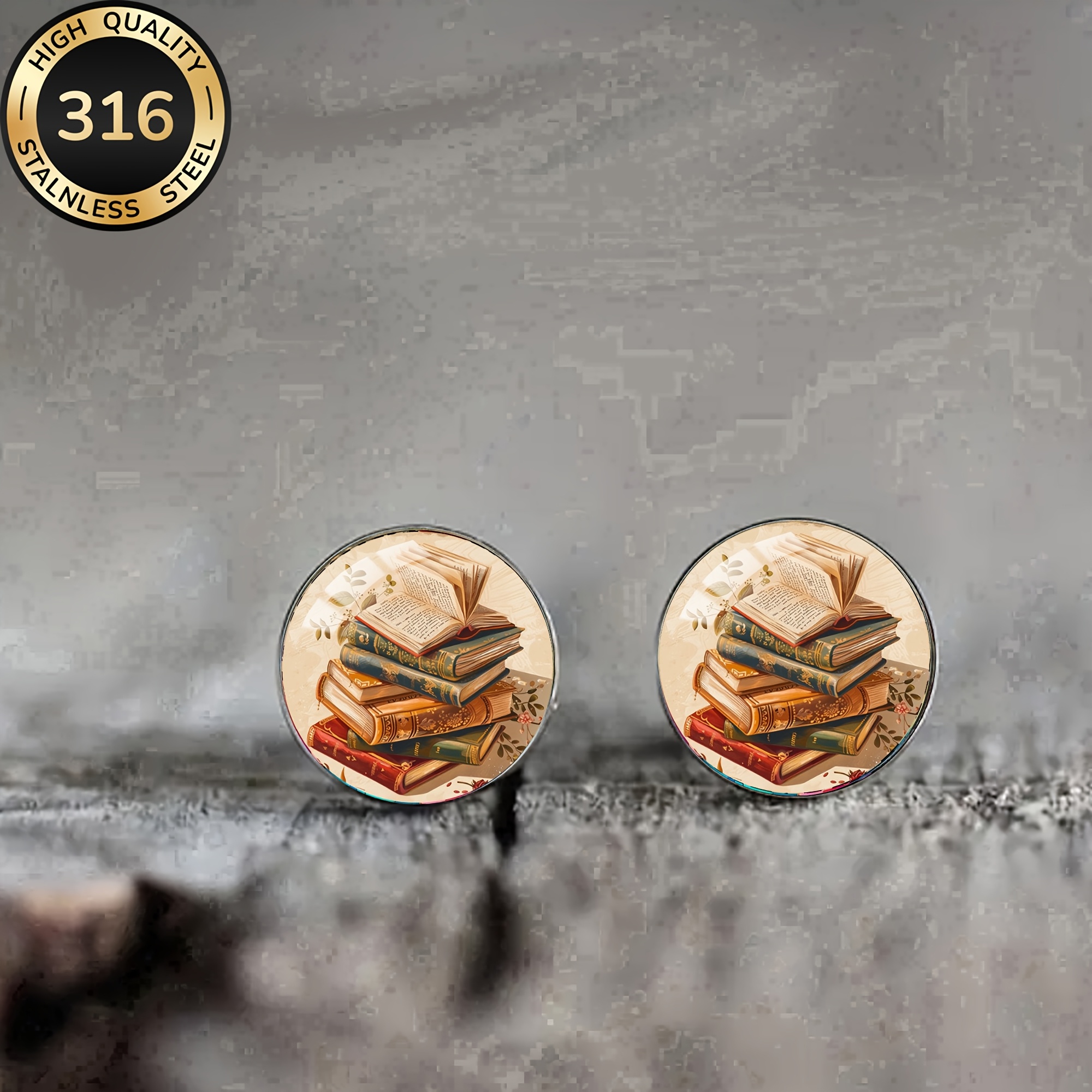 Image of 1pair Retro Book Steel Stud Earrings, Literary College Style Retro Nostalgic Temperament Matching Men's And Women' And Teacher's Day Gift Wearing Jewelry Earrings