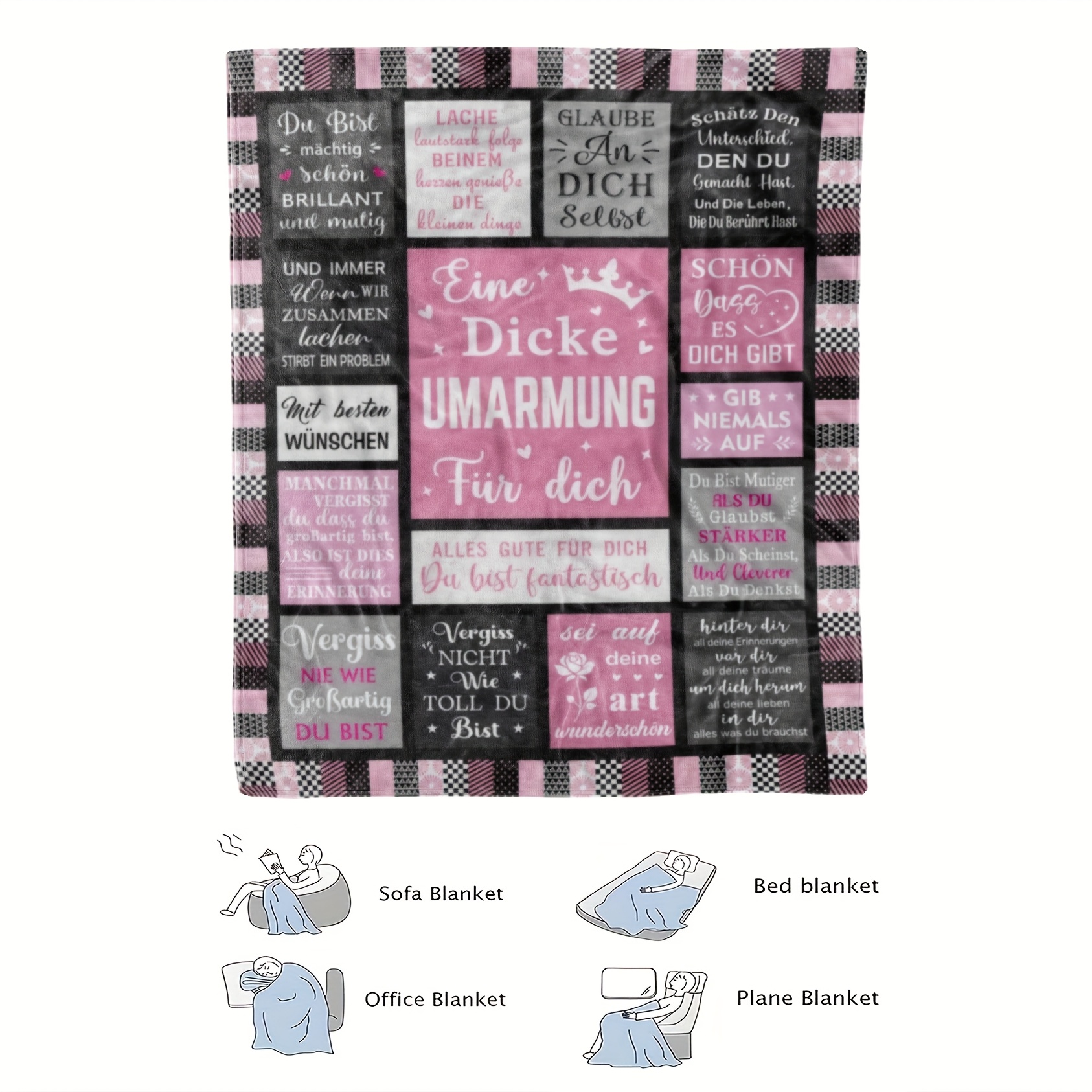 Image of A Cozy German-themed Graphic Fleece Blanket Made From Soft Fleece Material, Featuring , Gray, And Pink, Suitable For A Trendy Modern For Home. This Blanket Not But Includes Inspirational And