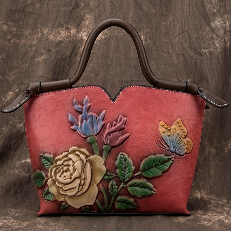 Romantic Vintage Floral Leather Handbag - Spacious Tote with Rose & Butterfly Embroidery - Genuine Leather, Versatile Shoulde...