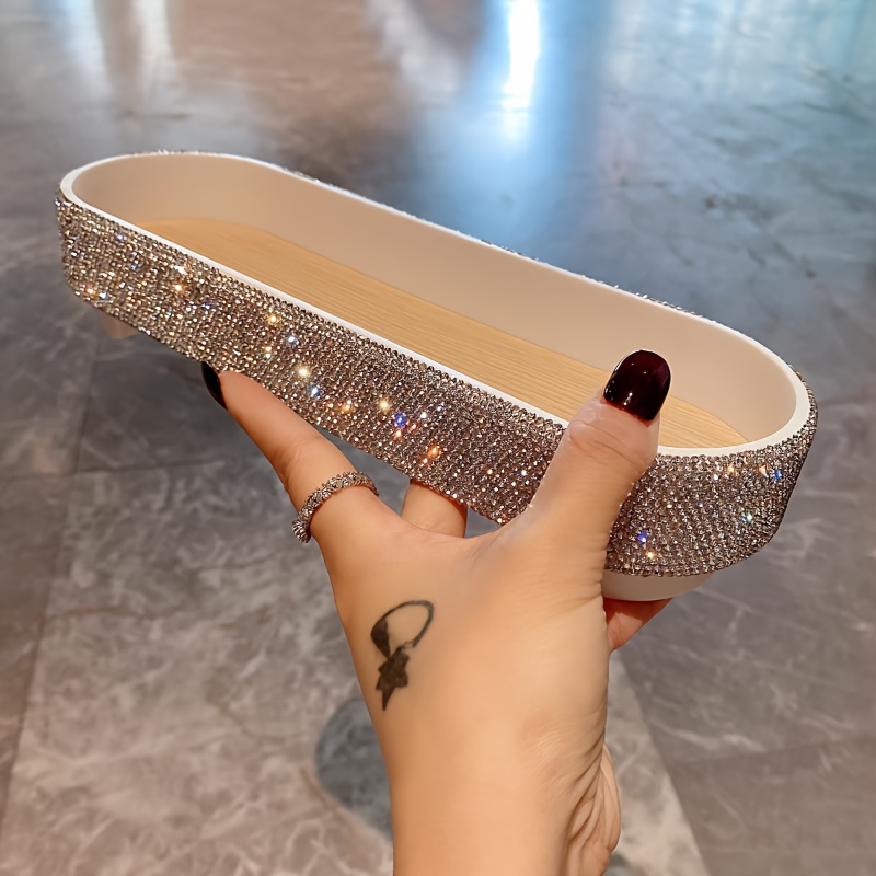   jeweled oval tray tabletop plastic jewelry box with glittering rhinestones fabric lined multipurpose storage for perfumes skincare accessories no electricity needed jewelry boxes Product details 3