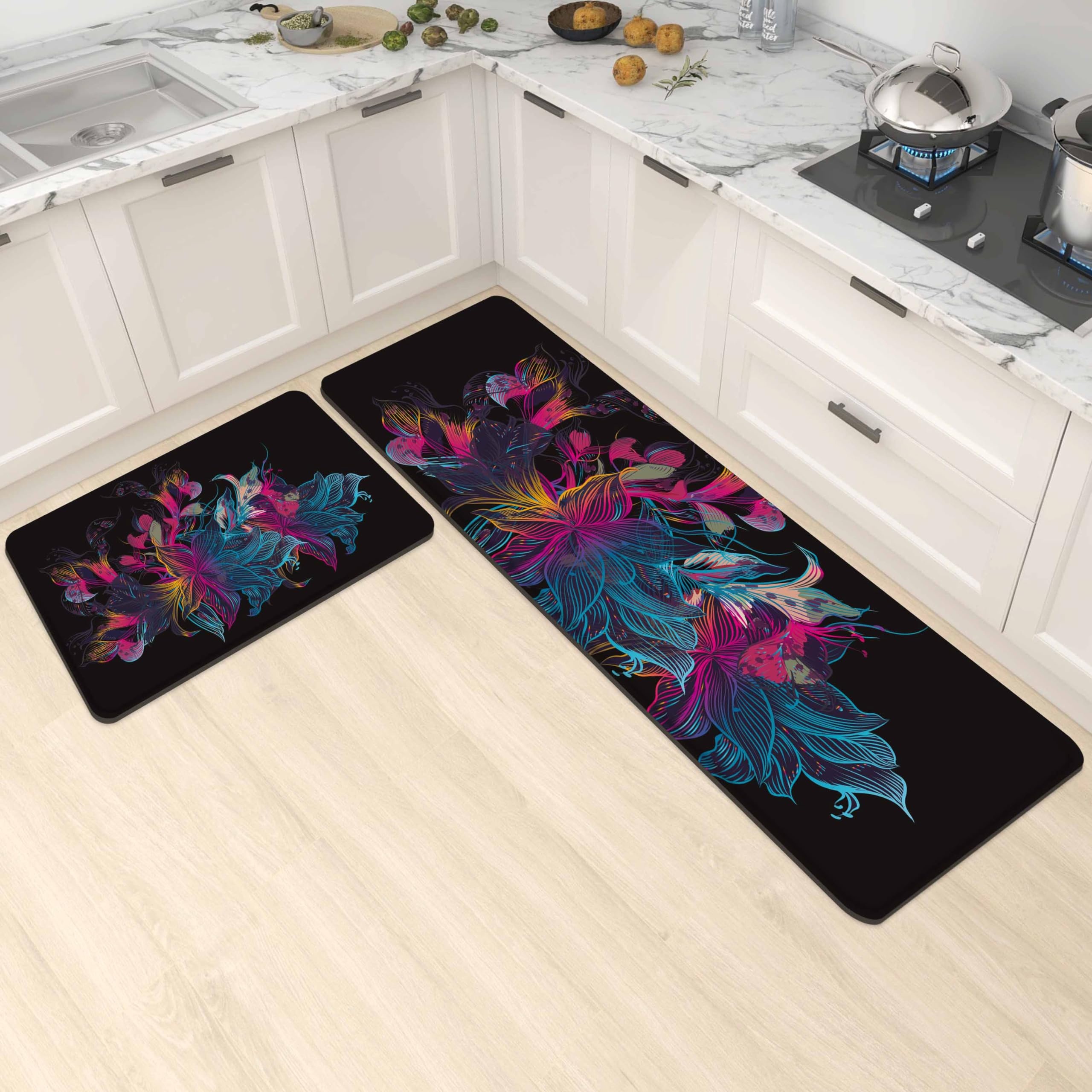 Black Floral Kitchen Floor Mats Set Of 2 Antifatigue 0.4 Inch Thick
