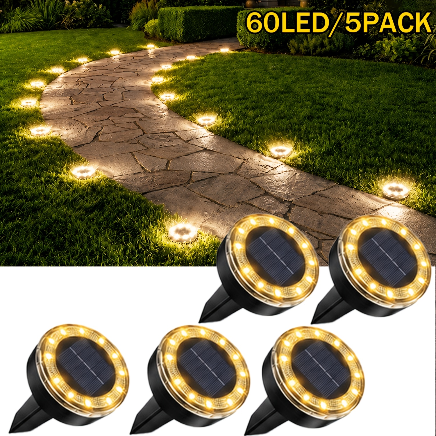 TEMU 84/60led Solar-powered Ground Lights, 7/5-pack Outdoor Ip44 Lawn Path Lights, Bright Outdoor Disc Lights With Transparent Luminous And Stylish