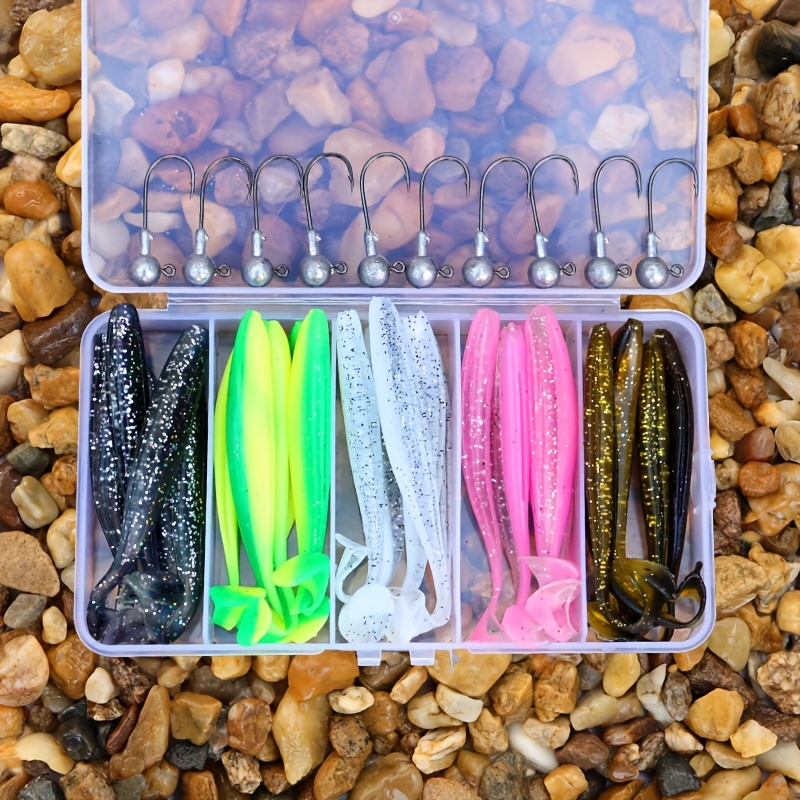 

25pcs 5 Colors Soft Lures Set With Storage Box, Paddle Tail Swimbait For Bass Pike, With 10pcs Jig Head Hooks