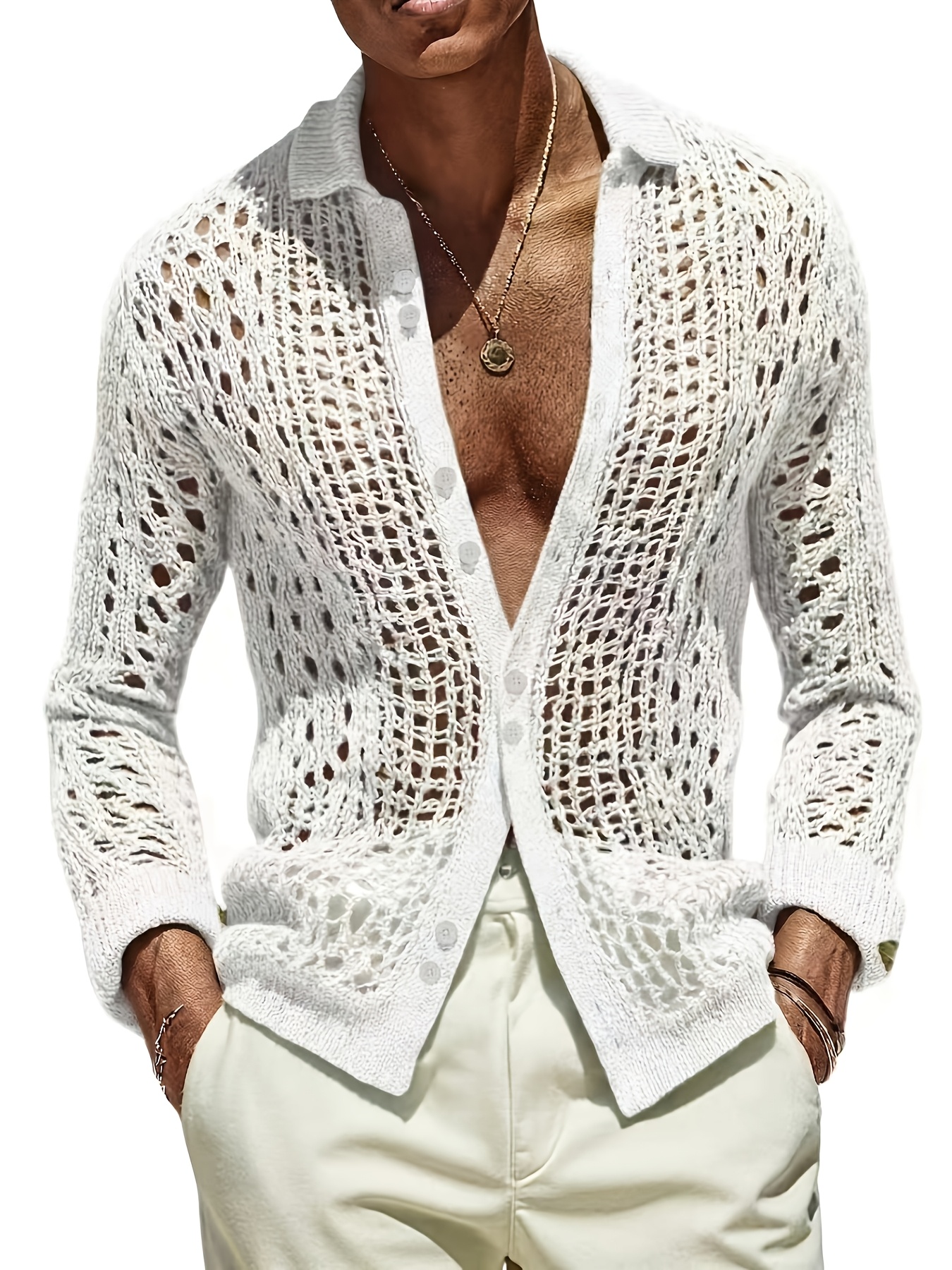 Men's Knitwear, Bean Green Hollow-out Knit Cardigan, Lapel & Single-breasted Design, Breathable & Casual, with a Relaxed Vacation Vibe