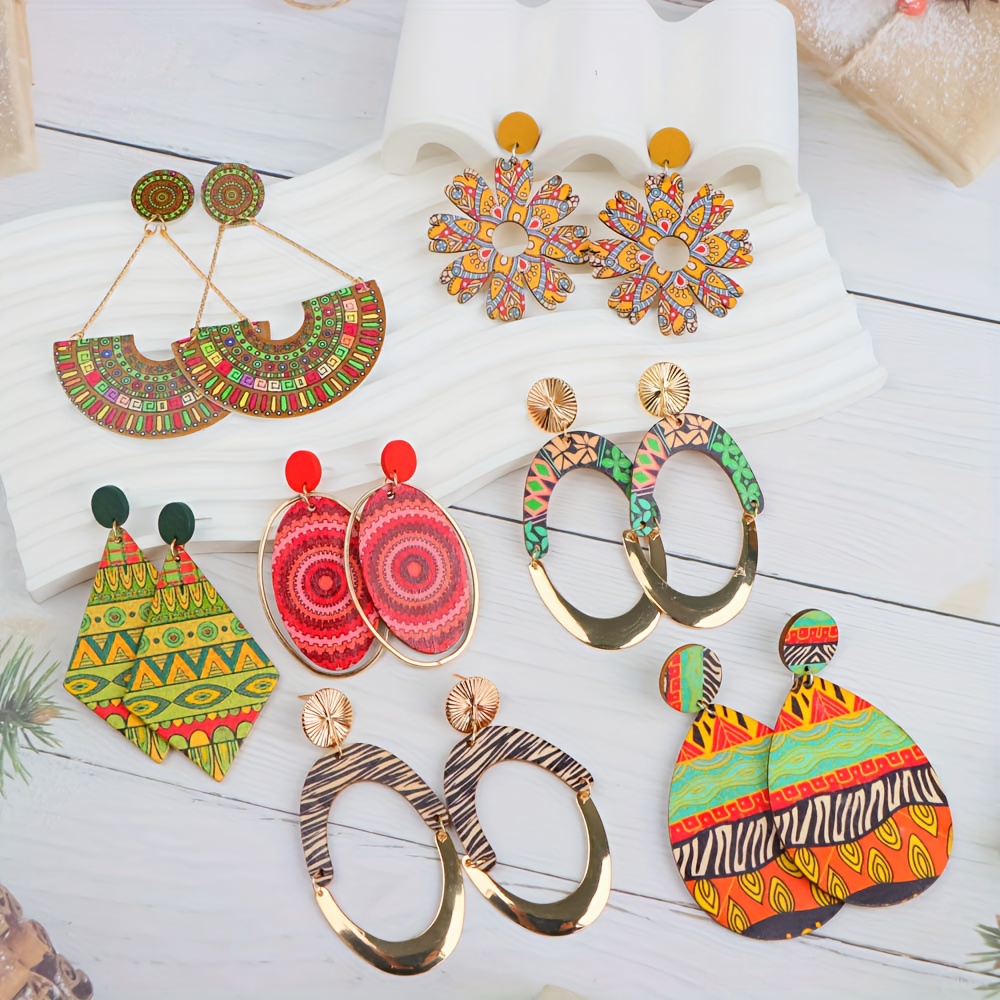 10 Pairs Bohemian Vintage Handmade Wooden Earrings Set