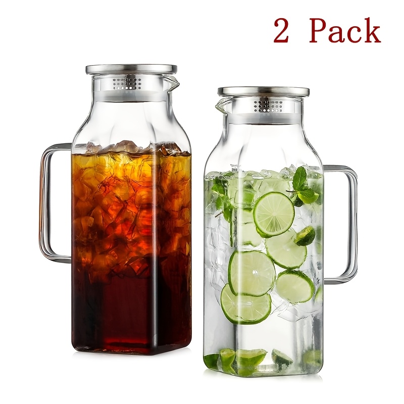 1 Pack/2 Pack 68oz Square Glass Pitcher with Lid And Handle for Fridge, Iced Tea And Coffee Carafe Beverage Serveware, Heat Resistant Borosilicate Water Jug for Hot/Cold Drinks And Milk, 304 Stainless Steel Lid