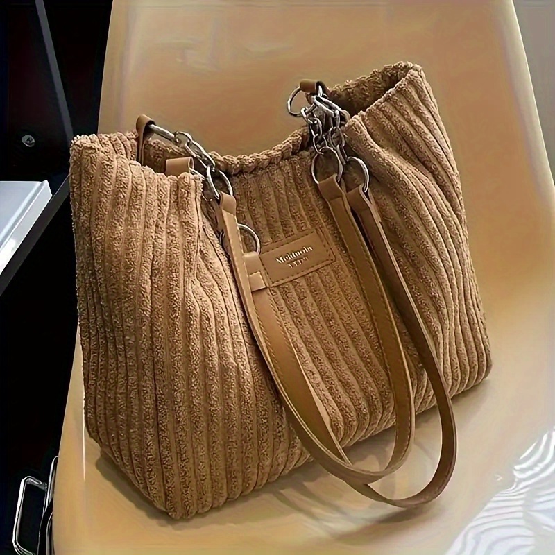 TEMU Casual Corduroy Shoulder Bag, Featuring An Adjustable Shoulder Strap, Lightweight Polyester Lining, Closure, Striped Pattern, And Is Hand