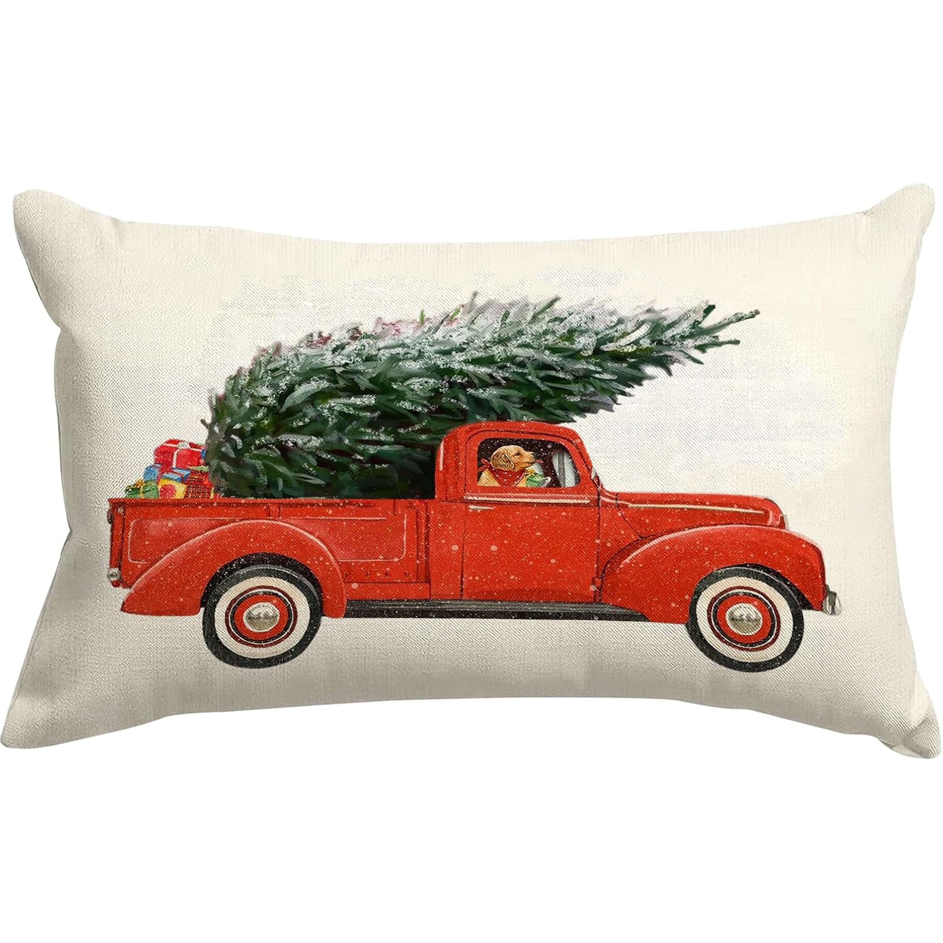 

Merry Christmas Linen Throw Pillow Cover - Red Pickup Truck With Tree & , Zip Closure, Machine Washable - Home Decor, 12x20 Inch (pillow Not Included)