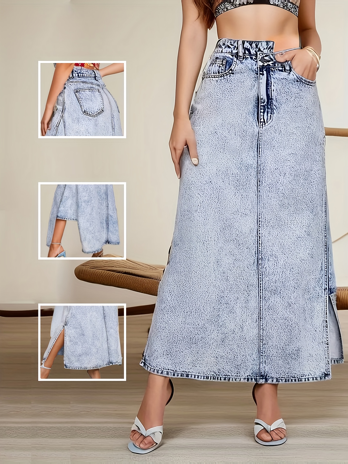 women's stylish asymmetrical denim maxi skirt fringe detail Temu