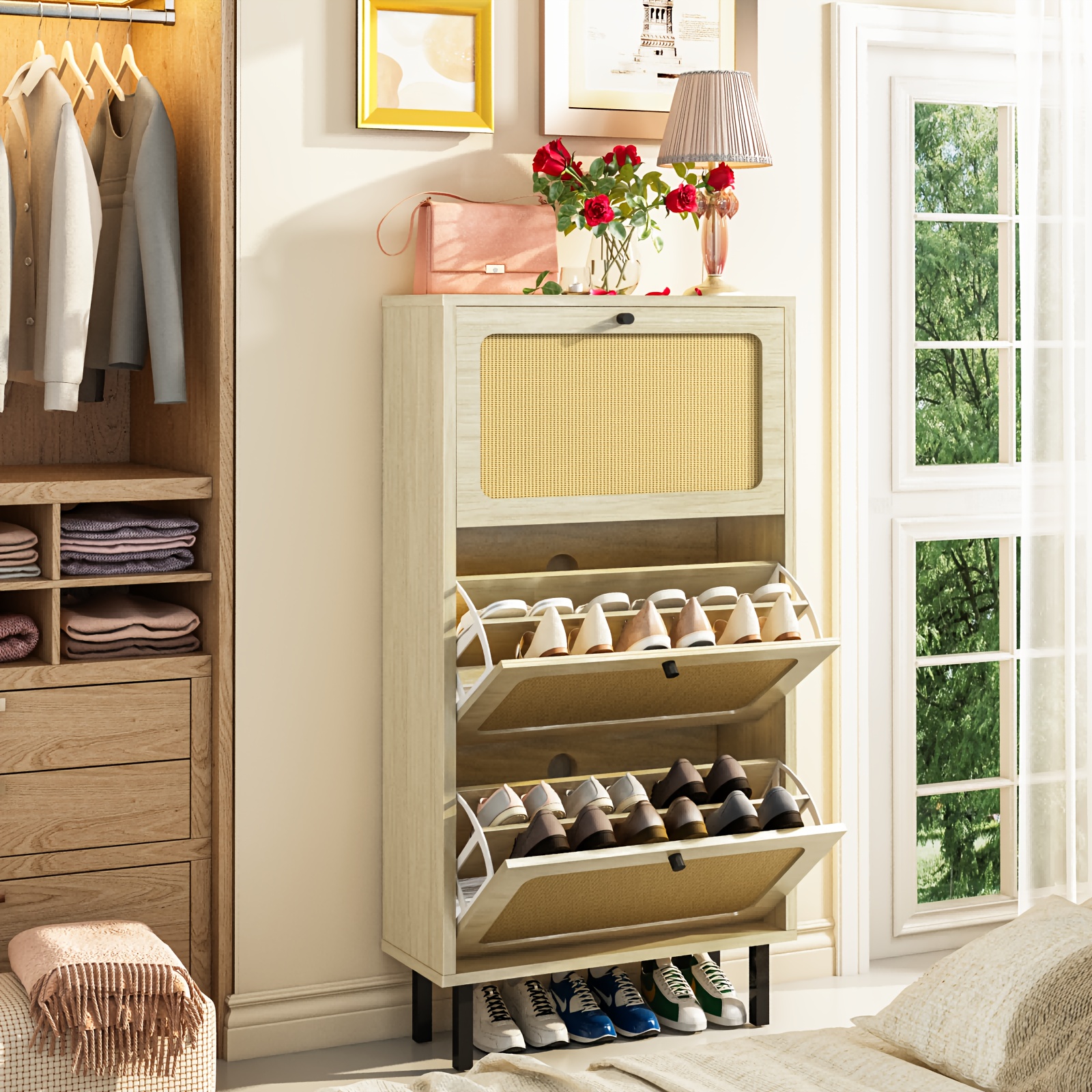 Shoe Storage Cabinet with Flip Drawers, Freestanding Organizer with Metal  Legs for Entryway, Narrow Shoe Rack Cabinet with Anti-Toppling Device