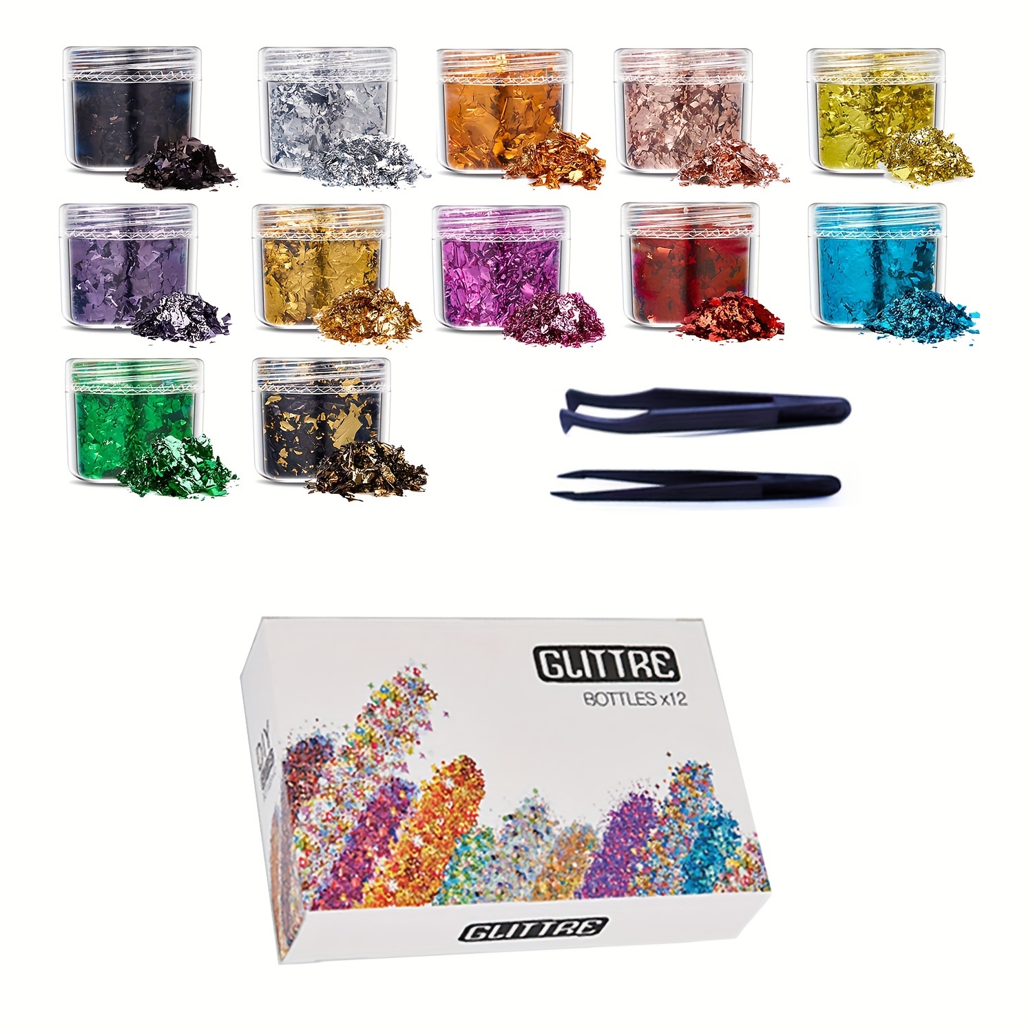 Image of Colorful Gold Foil, 12 Bottle Gold-plated Foil Box Set, Metal Foil, Gold Foil With Resin Tweezers, Painting, Slime And Crafts, Jewelry Making, Candle Making