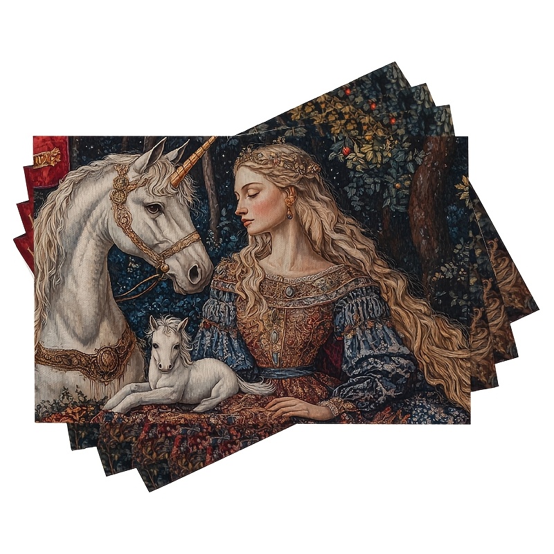 

4pcs Medieval Lady And Unicorn Tapestry Placemats, 12x18 Inch, Polyester Woven Rectangular Table Mats, Hand Wash Only, Non-slip Farmhouse Kitchen Decor For Dining & Party