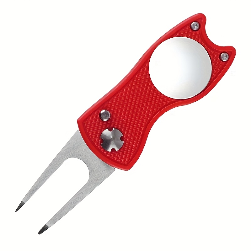 E-shop 1 Stück Premium-Golf--Reparaturwerkzeug aus Edelstahl mit faltbarem Ballmarker, Carbonfaser-Griff, nicht magnetisch - Rot
