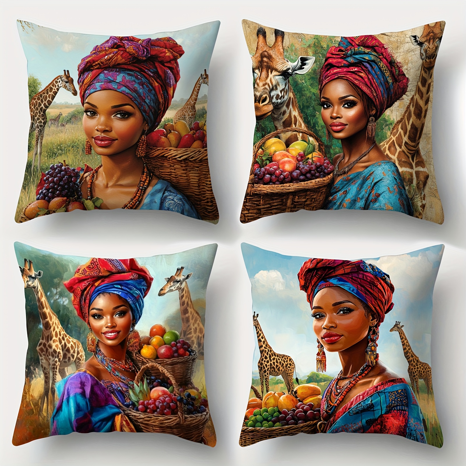 TEMU 4pcs Set African Tribal Women Pillowcases, African Animal Giraffe, Pillowcases, Suitable For Home Decor, Room Decor, Office Decor, Living Room