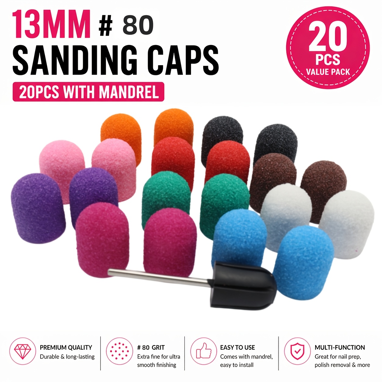 Image of 20pcs 13mm Mixed Color Nail Sanding Caps With - Sanding Bands 80/120/180 Grit, Professional Manicure Pedicure Drill Bits For Removal Nail Art Tools