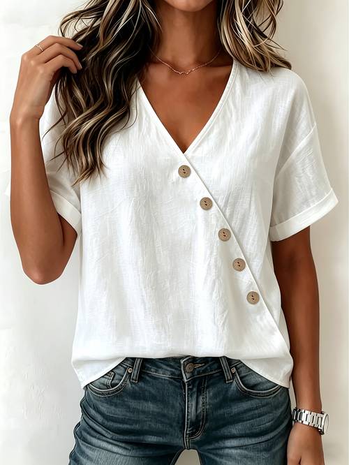 item picture womens v neck fabric shirt t shirt with diagonal button placement rolled hem short sleeves loose fit summer daily casual top