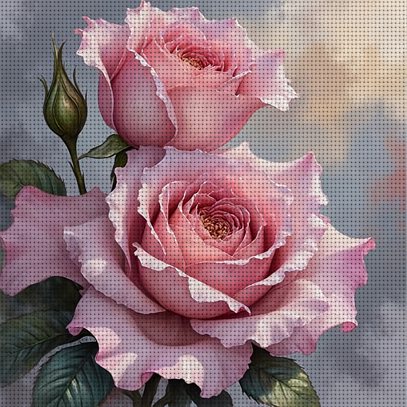 TEMU 1pc Printed Diy Stitch Kit, Frameless, "two Pink Roses" Pattern, Perfect For Beginners' Relaxing Crafting Time, Experience The Full From
