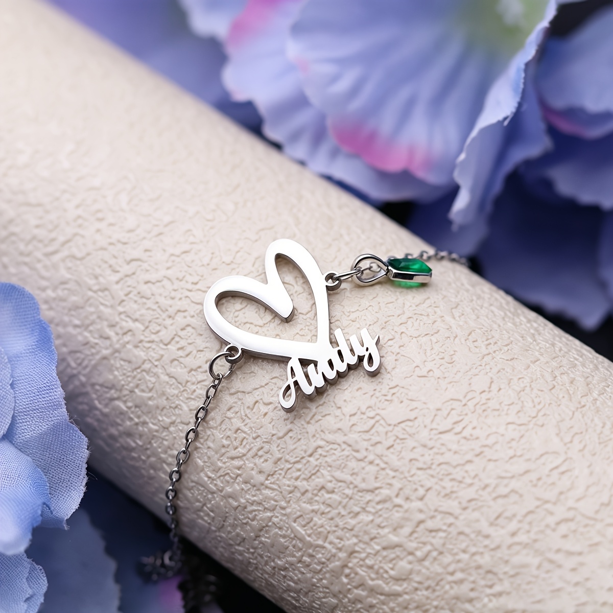 Women's Custom Heart Name Bracelet with Green Crystal Charm