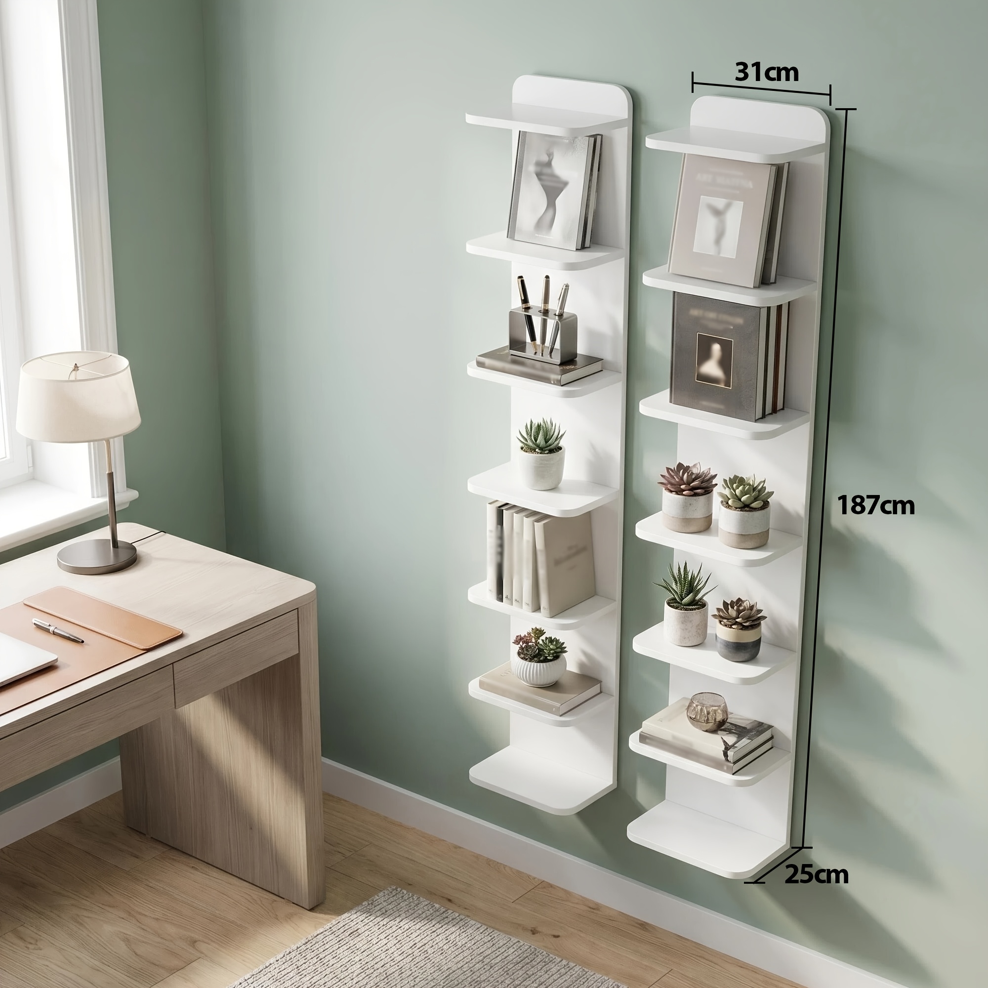 Set Of 2, 7-tier Full Rounded Corner Bookshelves, Multi-functional Storage Rack, Floor-standing Or Wall-mounted Anti-tip Bookcase, Display Shelf, White, 31×25×187cm