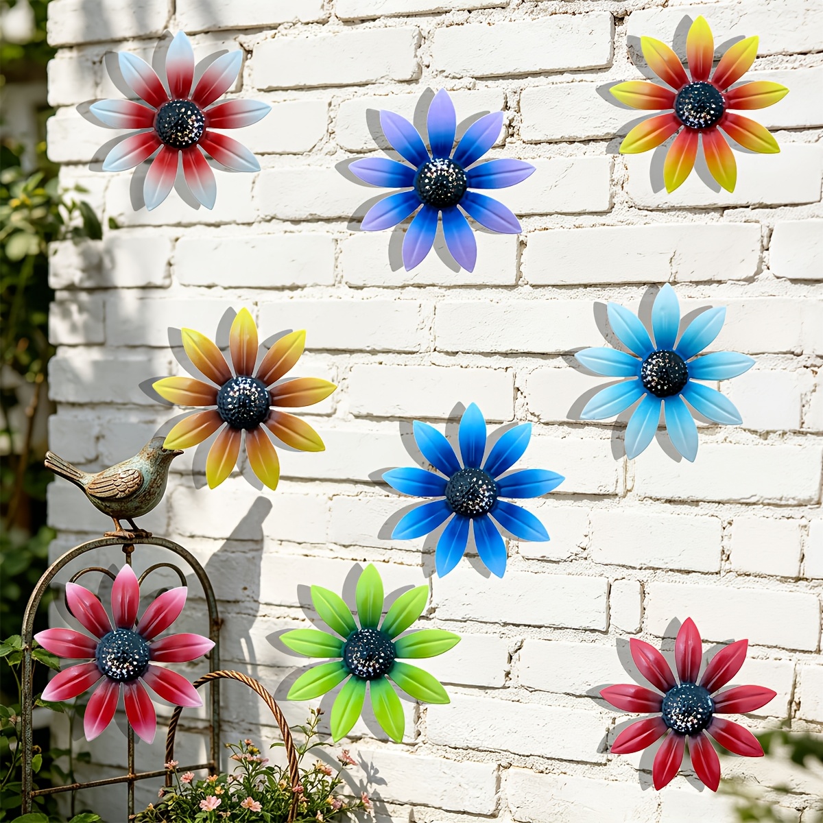 2d-flach, [2.5d] 2-d-flach 9-teiliges set, bunte kunstblumen-wandkunst-deko aus kunststoff, wetterfeste außen-wanddekoration, hängende blumenskulptur,   für garten, terrasse, rasen,  , innenhof hinterhof-deko, 2d-flach