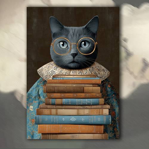 imagen del artículo 2d , 1 pieza vintage bohemio de gato - gato con gafas y collar de pila de libros, póster de en , y , para hogar, escritorio, sala de estudio o biblioteca - instalación con gancho, no necesita , decoración ,