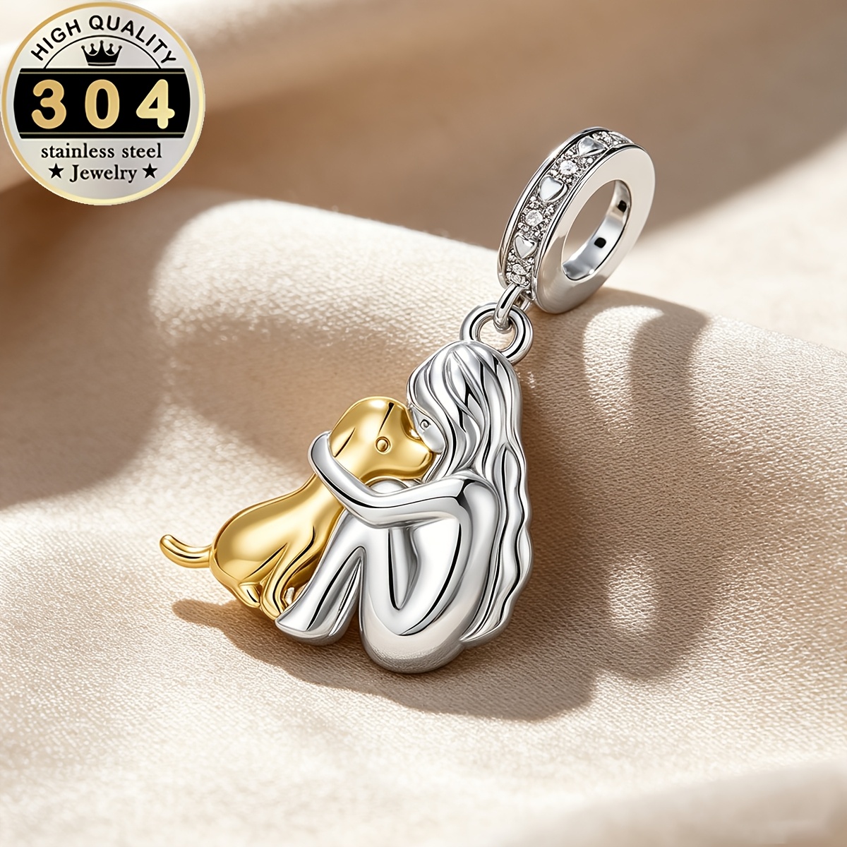 TEMU 304 Stainless Steel Plated With 14k Golden, Hugging Puppy Pendant Suitable For Charm Jewelry, Exquisite Personalized Women's Snake Pattern