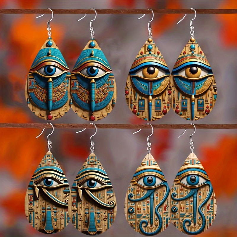 

4 Pairs Fashion Retro Devil's Eye Water Droplet Shaped Earrings Punk Ancient Egyptian Totem Horus's Eye Wooden Earrings Jewelry Gift