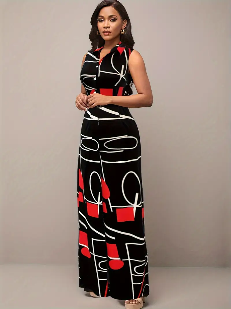geo print button front jumpsuit elegant sleeveless jumpsuit for womens clothing details 0