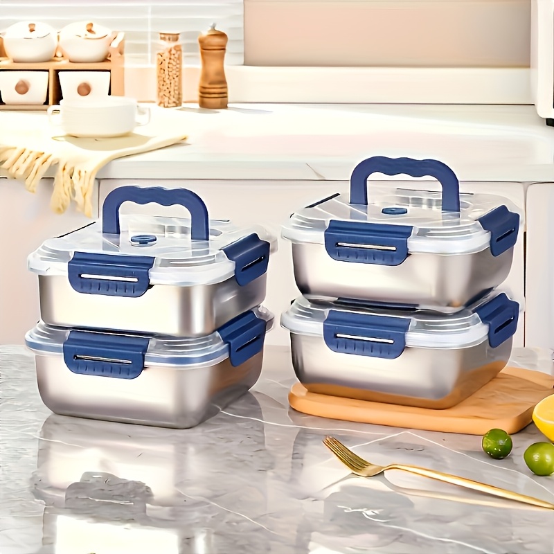 Image of 2/4pcs Food Storage Containers, Stainless Steel Lunch Boxes With Blue Handles, Ideal For Kitchen Use And Oven-safe, Reusable.