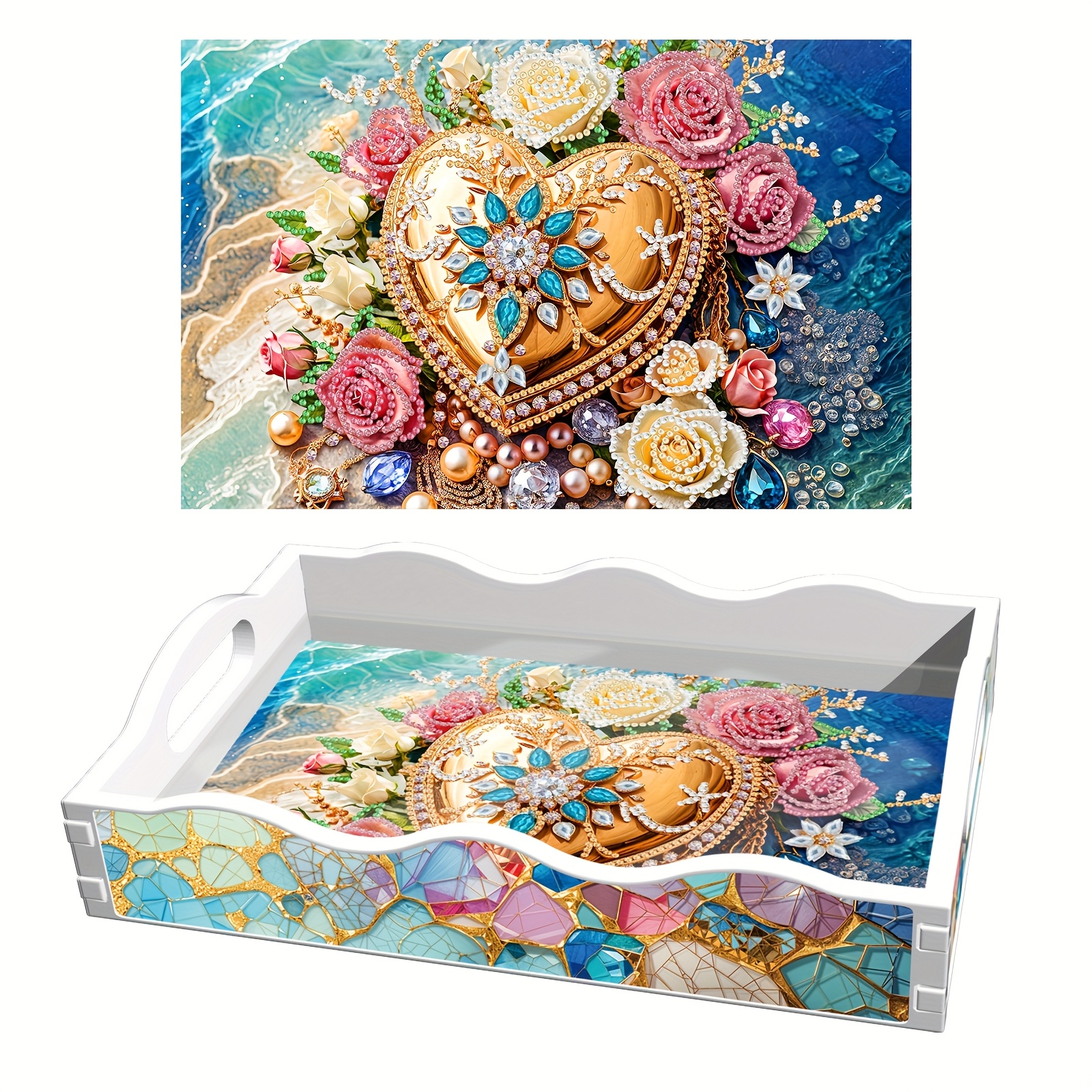 

Diy Diamond Painting Kit With Romantic Heart & - Handcrafted Mosaic Glass- Tray, Reusable Rectangular Plastic Serving Tray For Fruits, Cookies, Cakes - Kitchen, Dining Room Decor & Parties