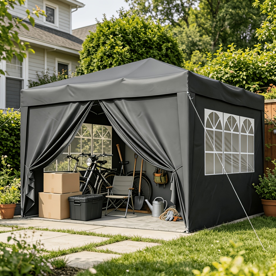 Image of 3.05m × 3.05m Courtyard Carport Sunshade , Quick-assembly Movable Tent Car Shelter With Detachable Surrounding Curtains, Suitable For Catering, Wedding, Birthday, Beach And Barbecue (dark Gray)
