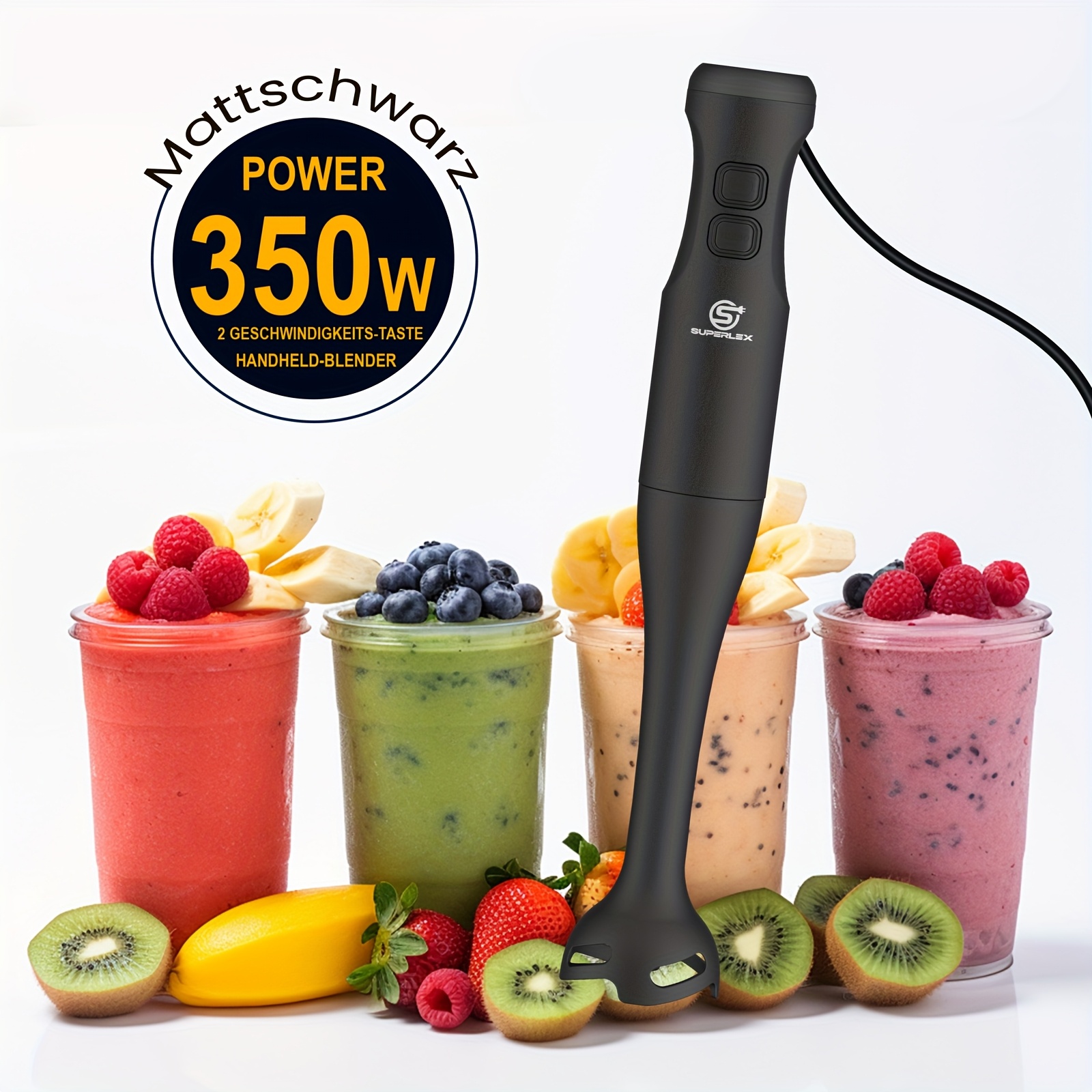 Temu Superlex 350W Stick Blender - Handheld Blender With Stainless Steel Blade, , Ergonomic Handle, Easy Clean For Small Kitchens (Smoothies, Baby-image