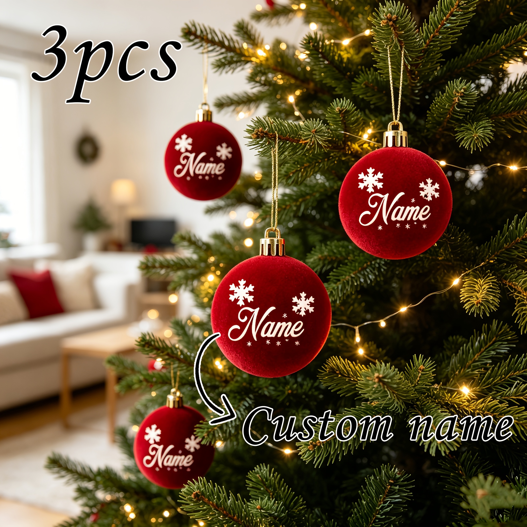 TEMU Set Of 3 Personalized Flocked Christmas Ornaments With Pom-poms, Custom Name Baubles, Burgundy Shatterproof Decorations