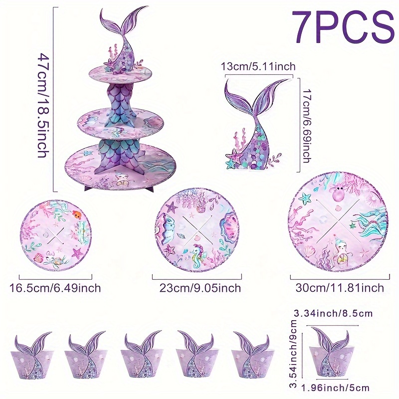 TEMU 7pcs Mermaid-themed Cake Stand & Wrappers Set - 3-tier Non-food Contact Cupcake Display Rack With Mermaid Scale Centerpiece Decorations Suitable