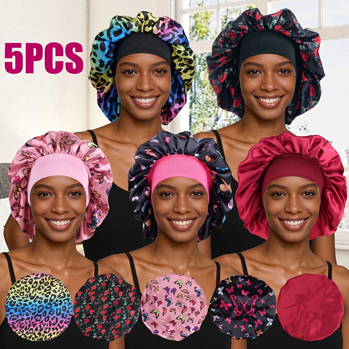 TEMU 5pcs Wide-brimmed Satin Sleep For Women, Sleeping Satin Bonnet With Funny Pattern Print, Designed For Curly Hair, , Reusable Stylish Hat,