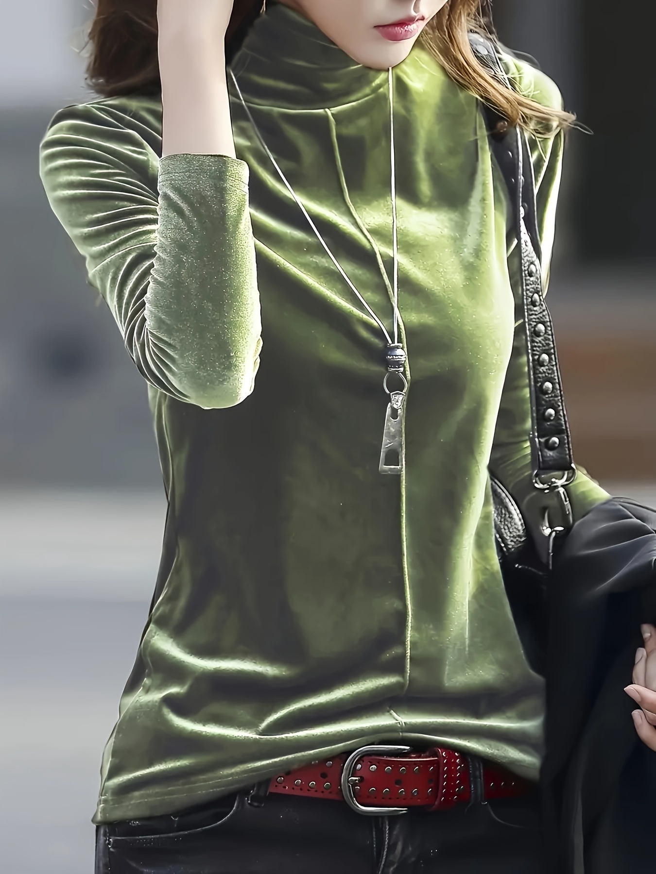 γυναικεία κομψή μπλούζα με ψηλό κολάρο και μακριά μανίκια - απαλό βελούντε, πλύσιμο σε πλυντήριο, μονόχρωμη βασική στρώση για φθινόπωρο-χειμώνα, καθημερινή & επίσημη εμφάνιση, ανεπιτήδευστη πολυτέλεια, άνετη γραμμή, ιδανική για κρύο κλίμα, ευέλικτη μπλούζα, υψηλής ποιότητας Στοιχεία είδους 2