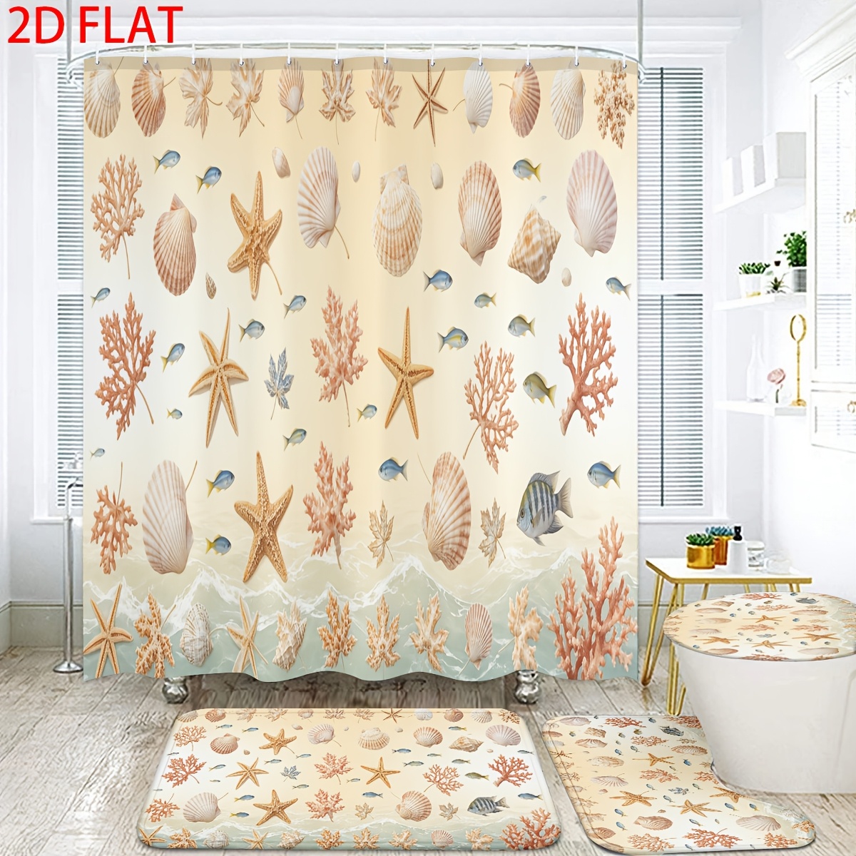 4pcs Coral, Starfish, and Seashell Shower Curtain Set with Bath Mat