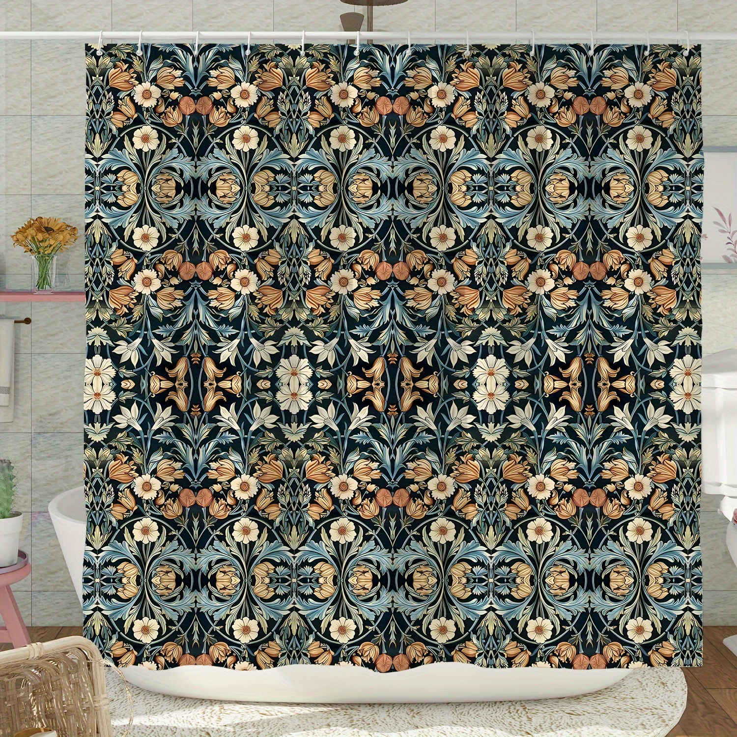 

1pc, Bohemian Floral Shower Curtain, 1pc, Polyester, Waterproof, Machine Washable, Black/orange/, Bathroom Decor With 12 Hooks For Home And Bathtub