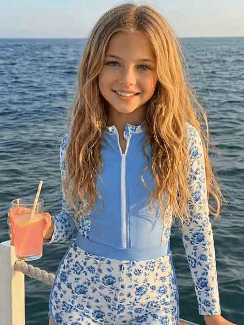 girls fashion minimalist blue floral two piece zipper swimsuit set