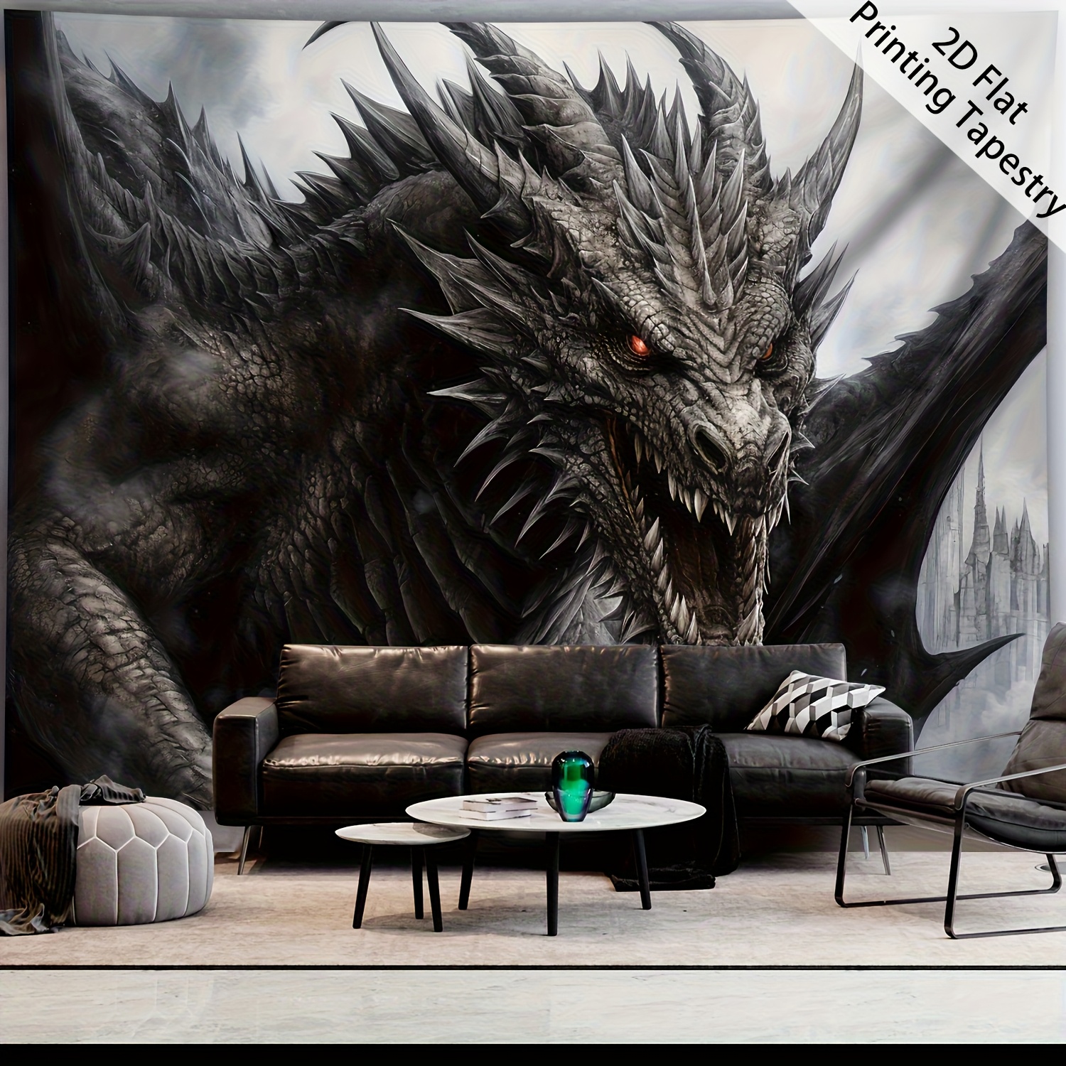 Image of 2d Flat, [ 2d Flat Printing] 1pc- Ultra Large Size- Dragon Animal Pattern - Hd Digital Printing Huge Tapestry- Polyester- Home Decoration- With Free Hanging Clips, 2d Flat