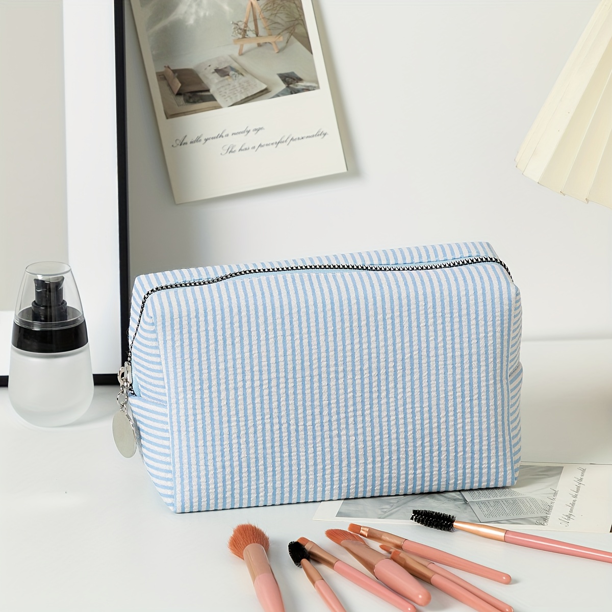 TEMU 1pc Striped Travel Toiletry Makeup Bag - Zipper Organizer Pouch, Soft Pastel (n/a), Elegant Portable Storage, Suitable For Dorm, School, Travel