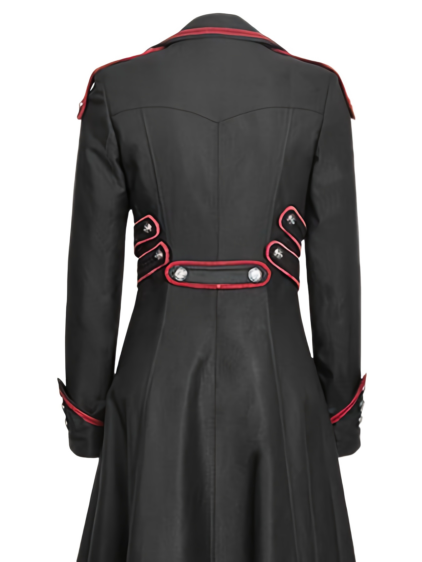 Black Steampunk Retro Women's Tailcoat with Red Trim - Button-Up Gothic Coat with Flared Sleeves, High-Low Hemline & Belted Waist - Perfect for Halloween, Cosplay & Casual Wear, Structured Fabric Design, Goth Accessories