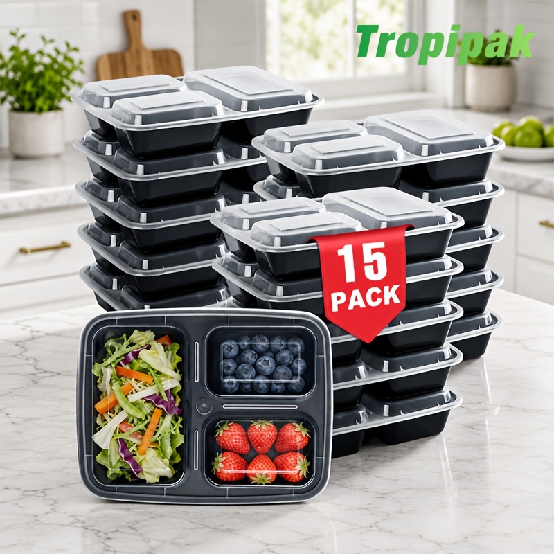 TEMU 15 Pack 34oz Triple Compartment Containers & 3-divided Food Containers - Party Plates | Airtight | + 2 Sides | Ideal For Steak, Sushi, Dessert,