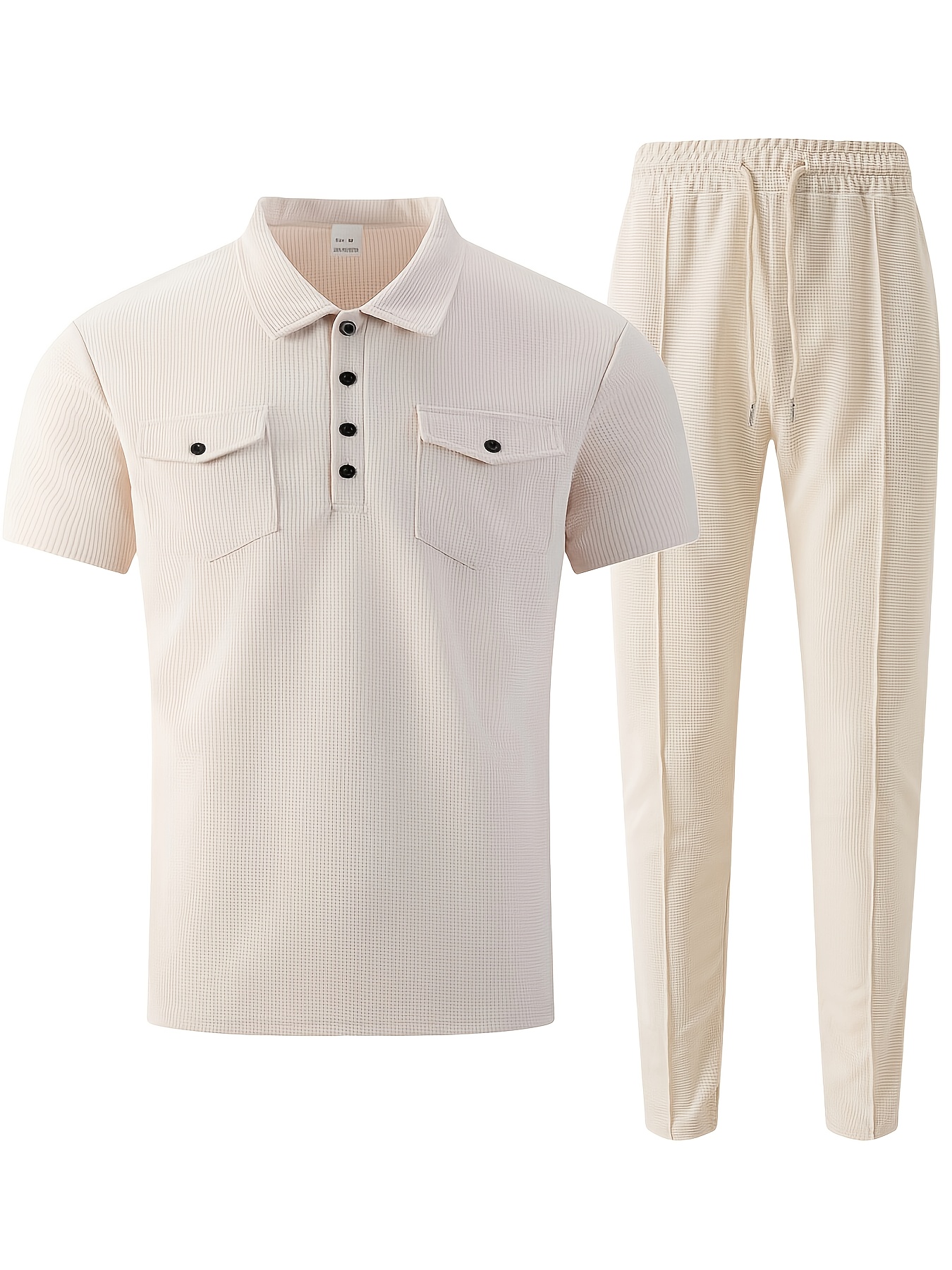 Men's 2pcs Set, Solid Color Minimalist Black Button-Up Short Sleeve Shirt with Two Pockets and Collar + Drawstring Waist Pants, Men's Spring/Summer Casual Vacation Daily Wear