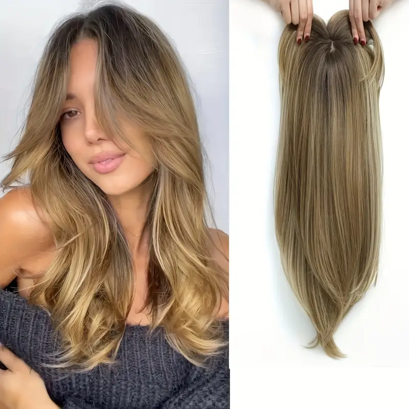 22 inch approximately 55 golden and blonde mixed synthetic hairpiece with a base clips suitable for thinning hair and gray hair loss details 5