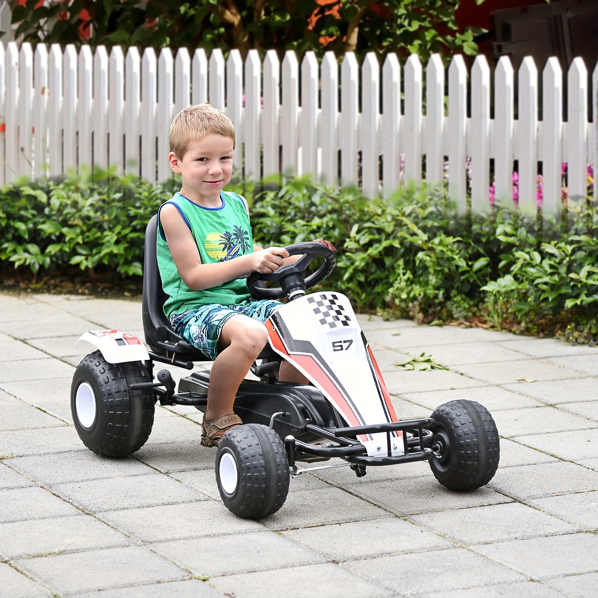 TEMU Enfants Kart à pédales Style Course Voiture à enfourcher avec siège réglable, roues en plastique, frein à main et de vitesses pour de 3 à 8 ans