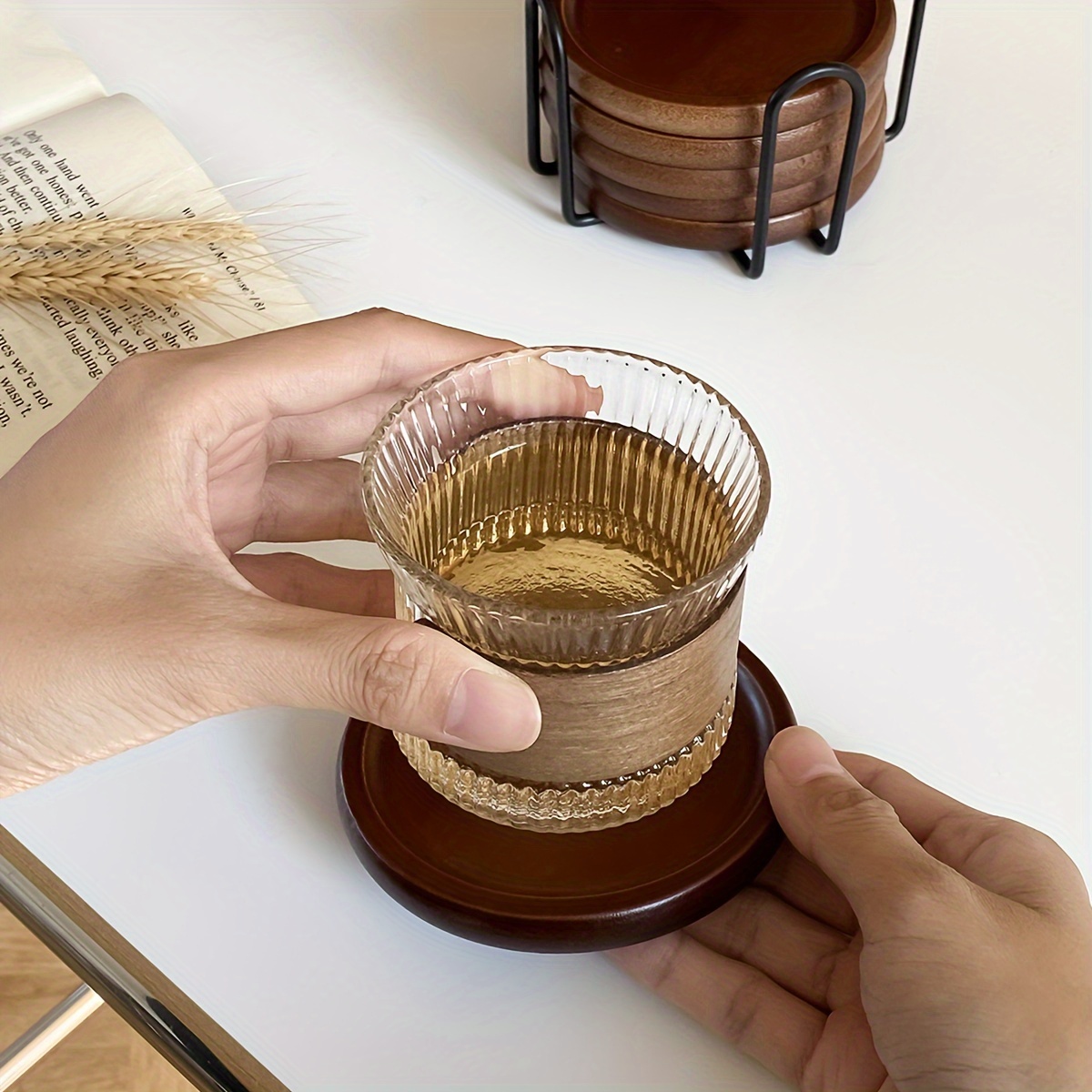 

6pcs/1set Japanese Bamboo Wood Heat-insulating Coaster With 1 Iron Stand, Solid Wood Tea Coaster, Household Tray, Heat-insulating Mat, Zen Wooden Mat